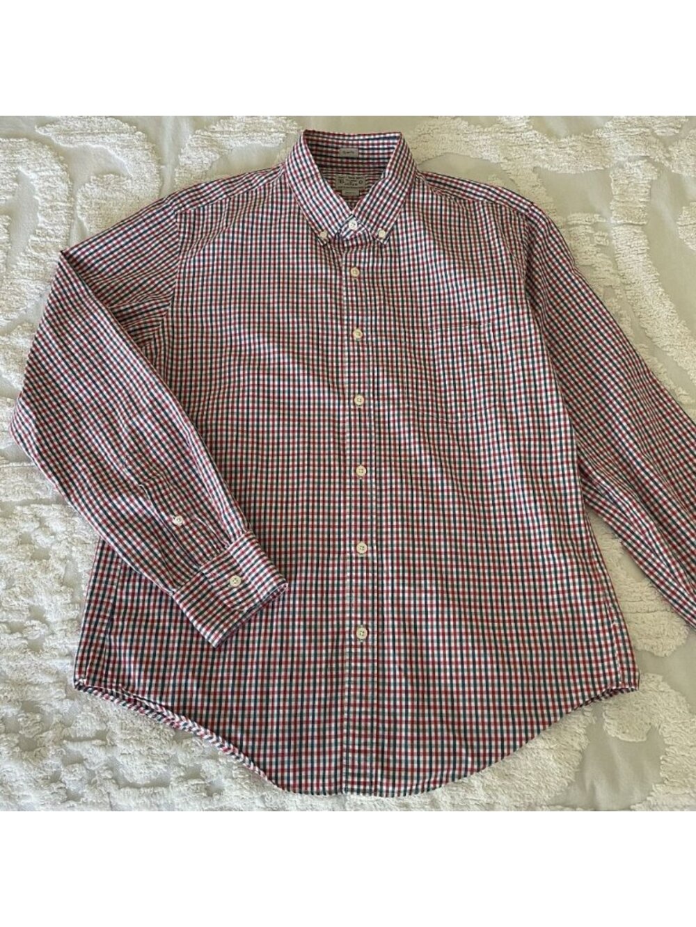 J Crew Vintage Button Down Log Sleeve L Red Blue Green Plaid Shirt Cotton Preppy